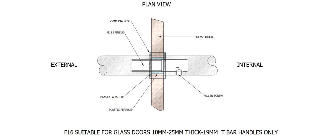 F16 SUITABLE FOR GLASS DOORS 10MM-25MM THICK (19MM HANDLES ONLY)
