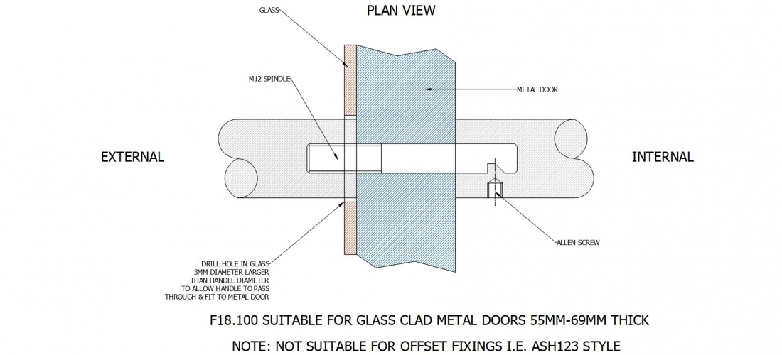 F18.100 SUITABLE FOR GLASS CLAD METAL DOORS 55MM-69MM THICK