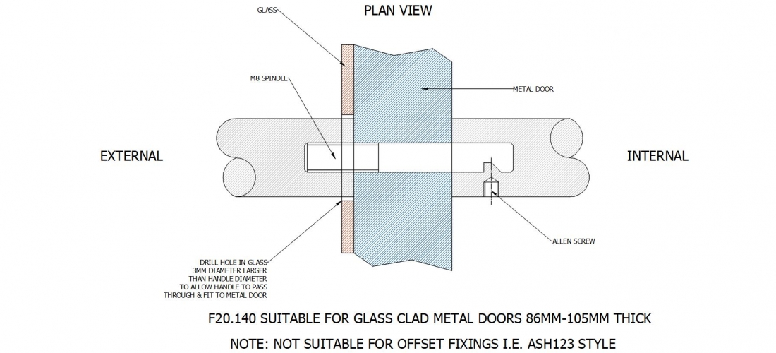 F20.140 SUITABLE FOR GLASS CLAD METAL DOORS 86MM-105MM THICK
